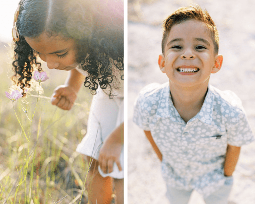 little girl smelling flower and little boy smiling at camera at Crestwood park in Royal Palm Beach FL